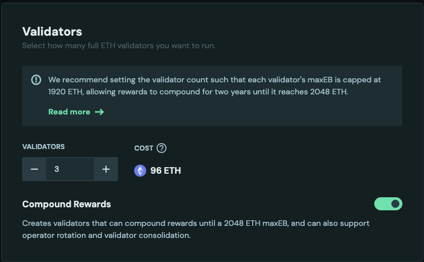 Compounding validator configuration